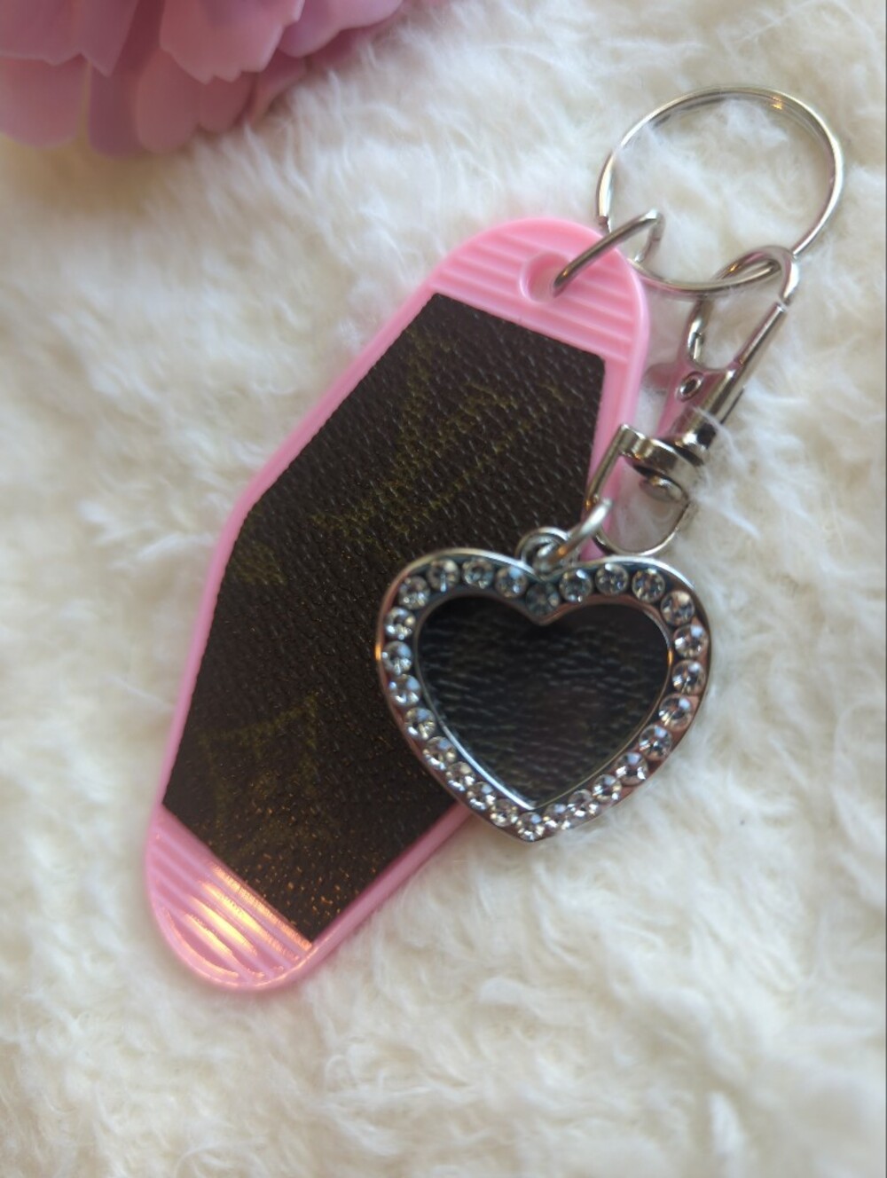 Louis Vuitton Authentic Monogram Canvas Upcycled Pink Tag Rhinestone Heart Charm